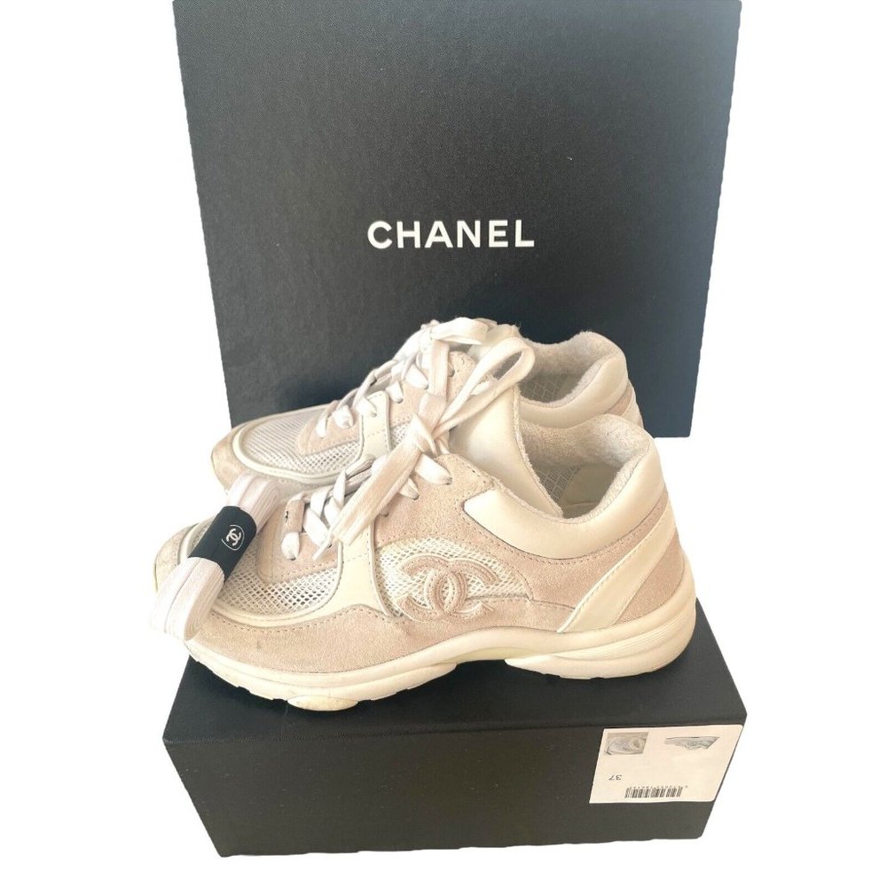 CHANEL Neutral CC Suede Sneakers Shoe Size 37